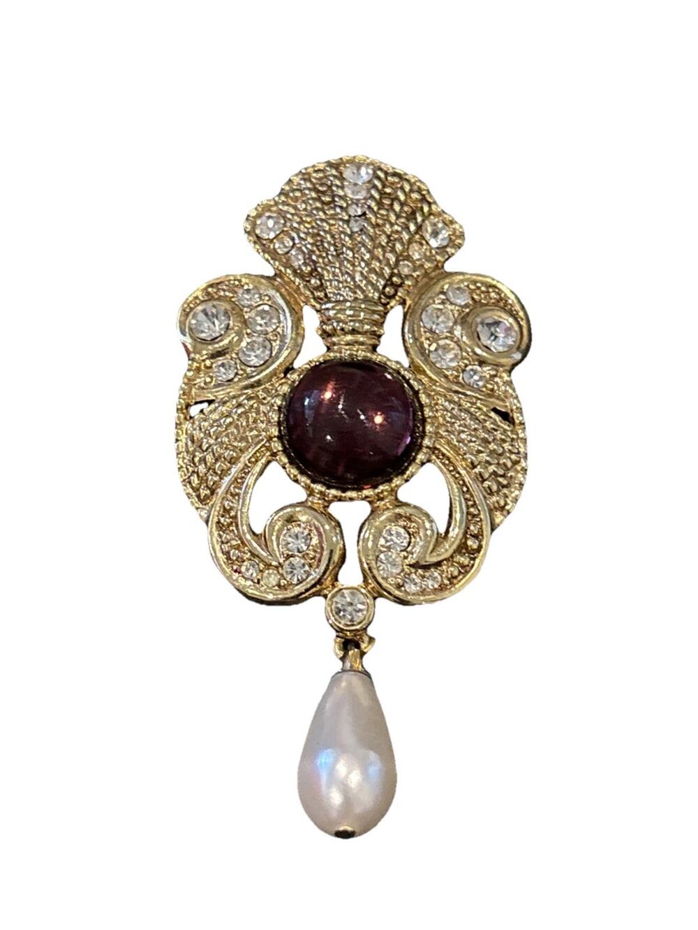 Jeff Lieb Vintage Gold Tone Brooch Purple Glass Cabochon Faux Pearl Drop Regency